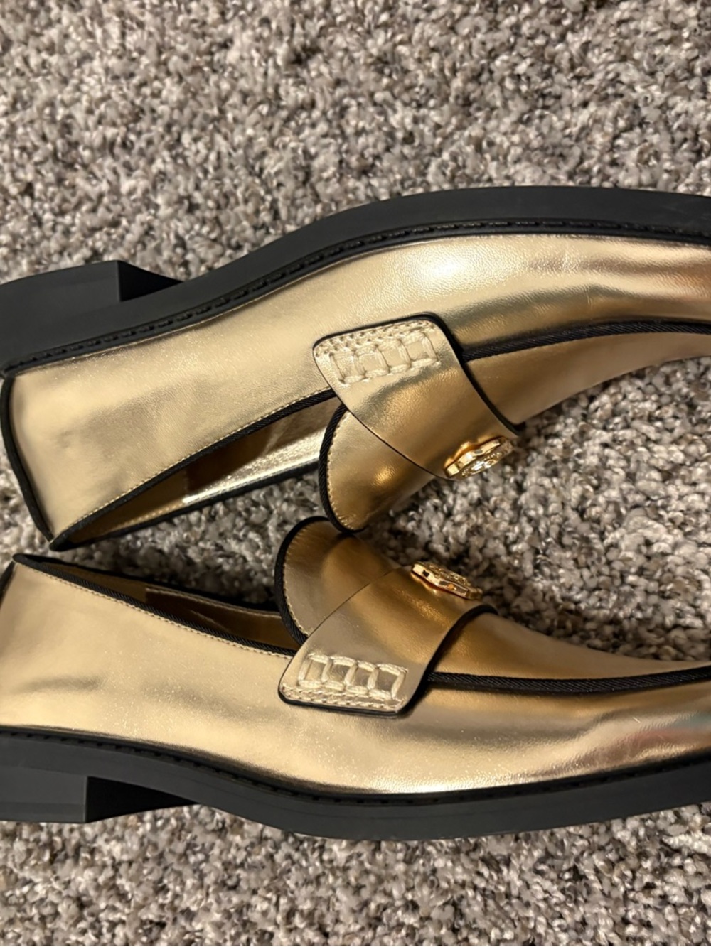 Karl Lagerfeld Metallic Gold Leather Penny Loafers with Medallion - Picture 2 of 5